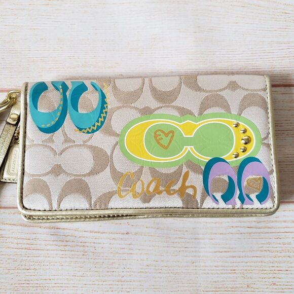 Coach Fabric Leather Logo Wristlet Wallet Metallic Gold Tan Fun Print - Picture 8 of 16